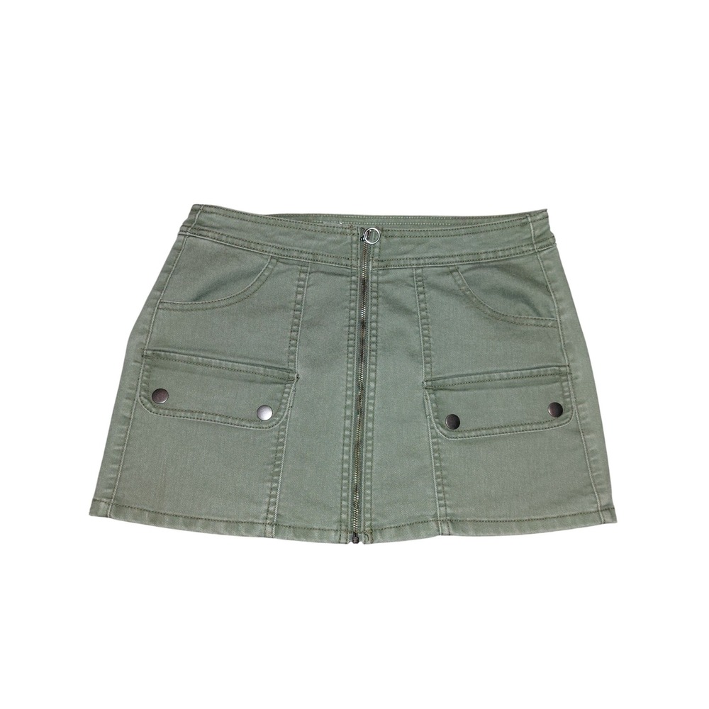 No Boundaries Olive Green Cargo Mini Skirt Front Zip O-Ring XS 0-2 Utility Twill